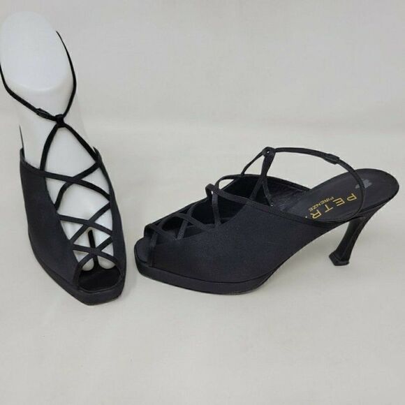 PETRA FIRENZE BLACK SATIN STRAPPY PEEP TOE ANKLE STRAP HEELS WOMENS SIZE 6 M - Picture 1 of 8